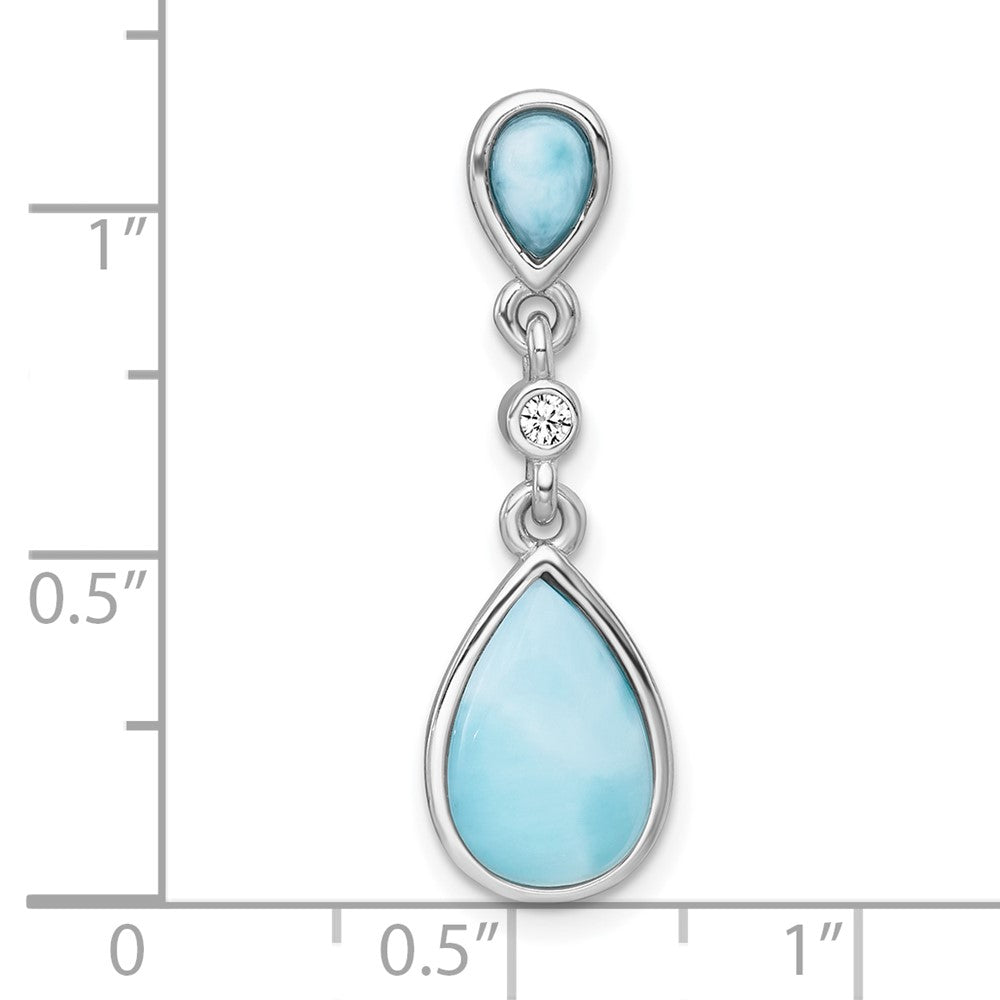 Sterling Silver Rhodium-plated Polished Pear Larimar Cabochon and CZ Teardrop Chain Slide Pendant