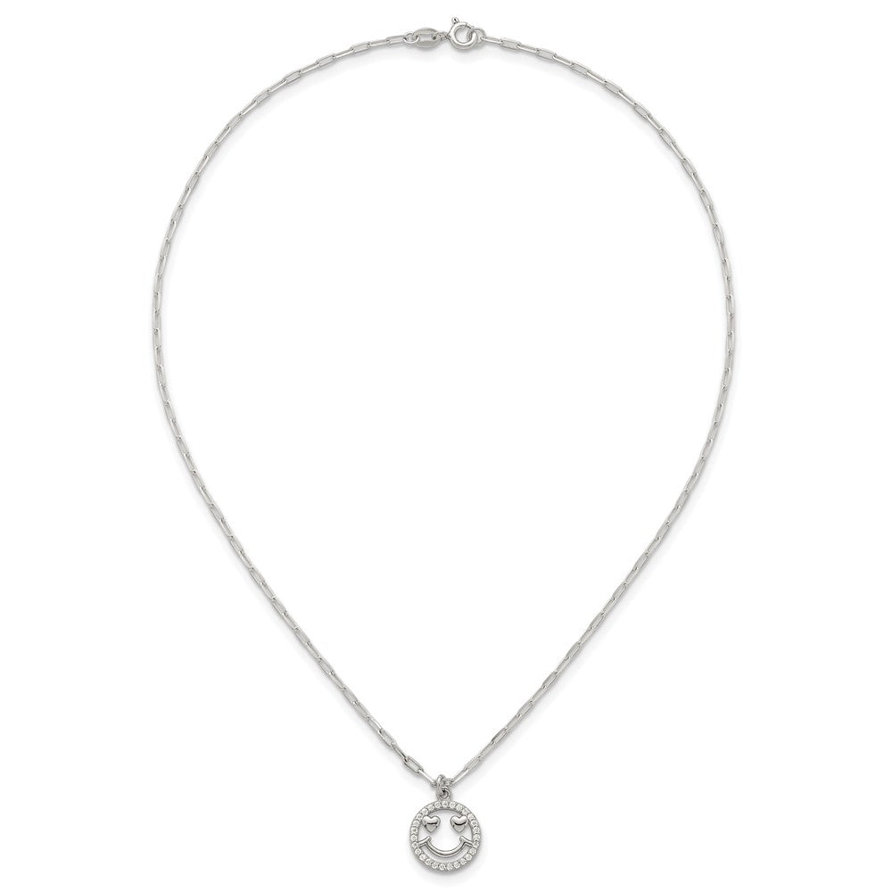 Sterling Silver Polished White CZ Smiley Face with Heart Eyes 16 inch Necklace