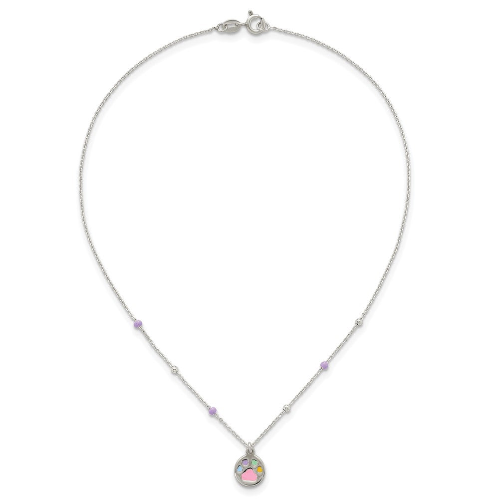 Sterling Silver Polished Beaded Enameled Multi-color Heart Pawprint Childrens 14 inch Necklace