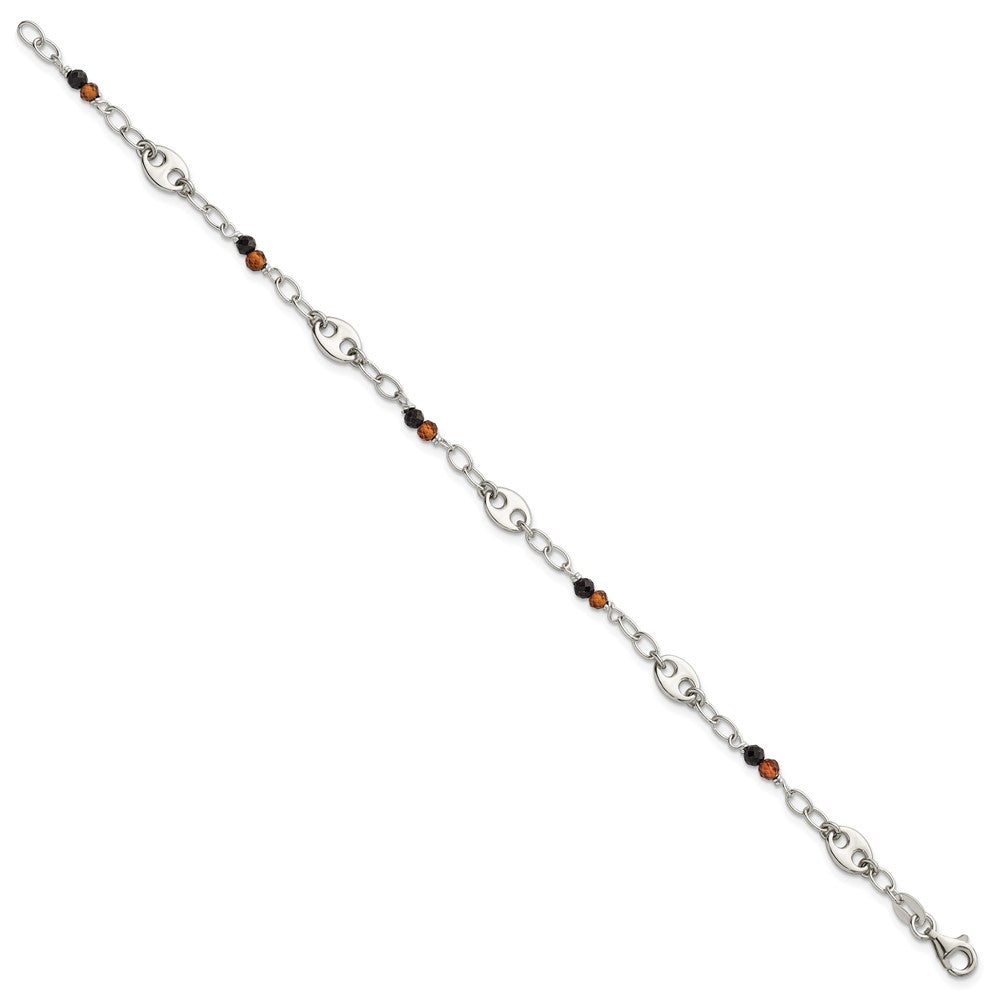 Sterling Silver Polished and Beaded Garnet and Spinel Fancy Link 7.5 inch Bracelet