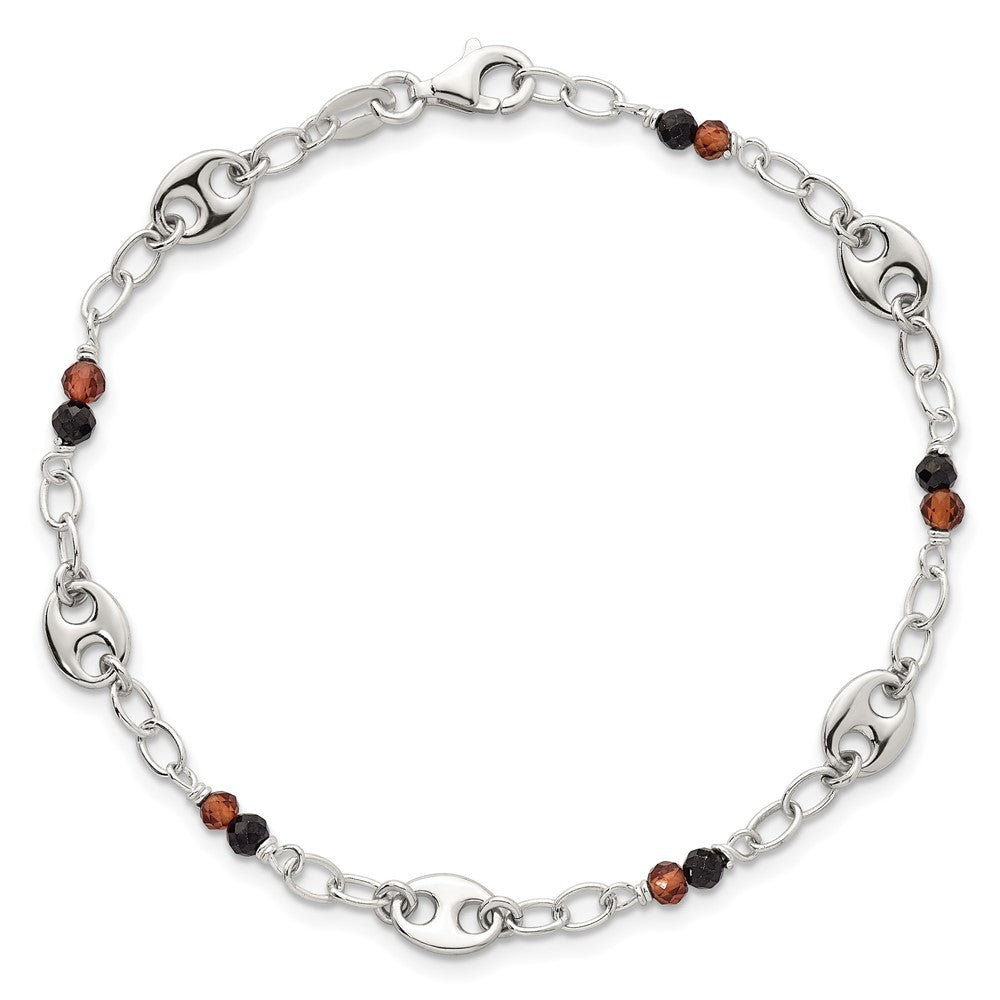 Sterling Silver Polished and Beaded Garnet and Spinel Fancy Link 7.5 inch Bracelet