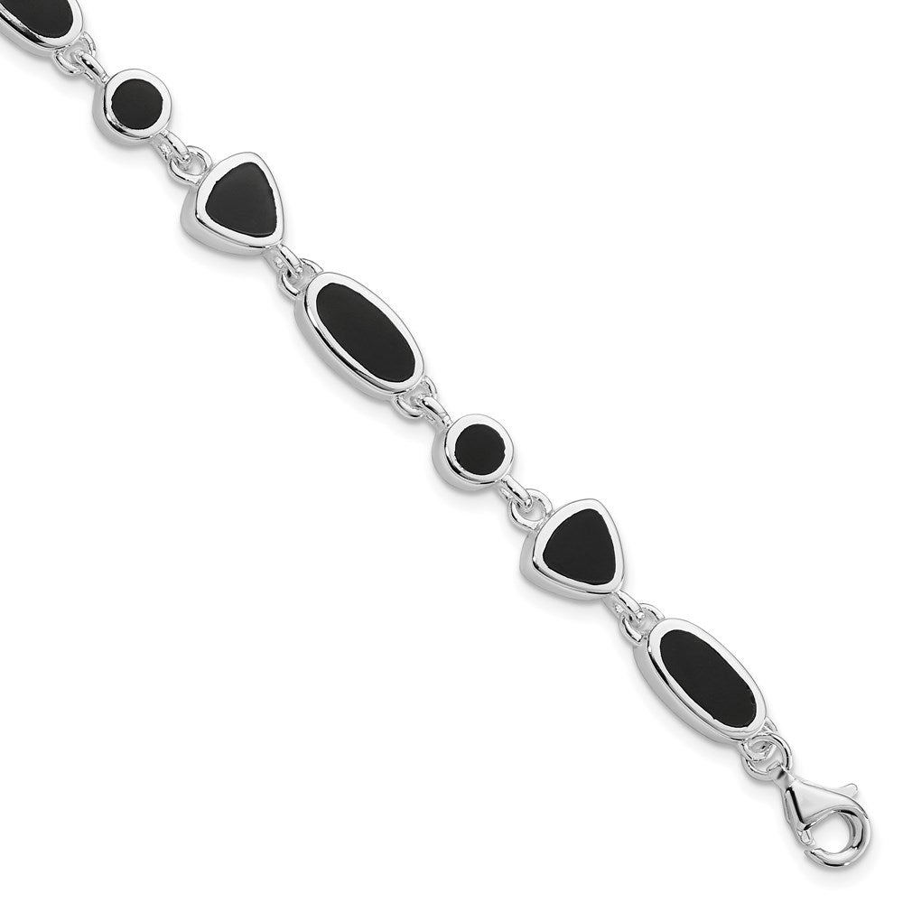 Polished;Open back;Sterling silver;Onyx;Fancy lobster;Rhodium-plated