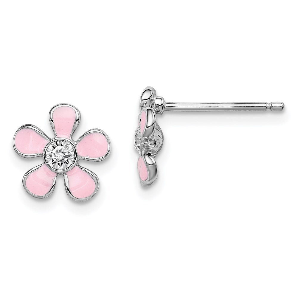 Polished;Post;Sterling silver;Crystal from Swarovski;Flower;Pink Enamel