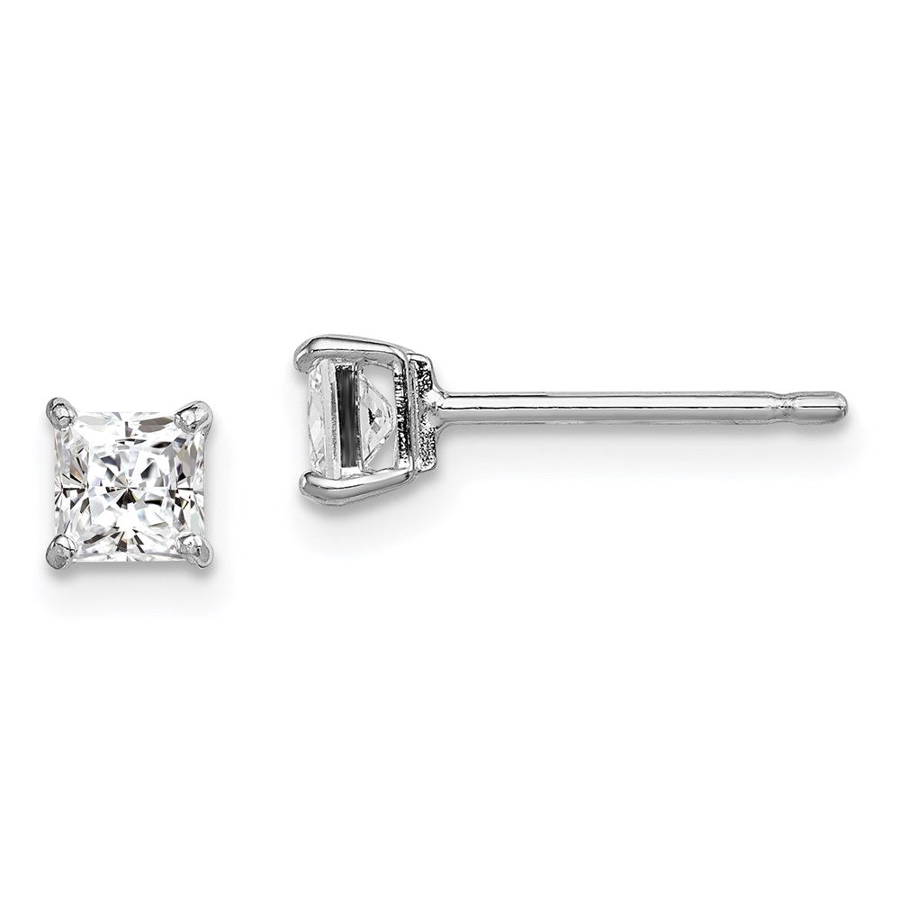 Polished;Post;Sterling silver;CZ;Square;Basket setting