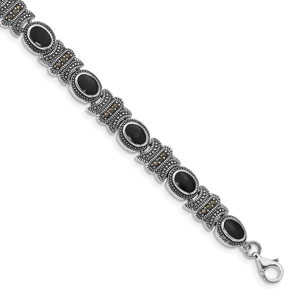 Open back;Sterling silver;Onyx;Marcasite;Fancy lobster;Rhodium-plated