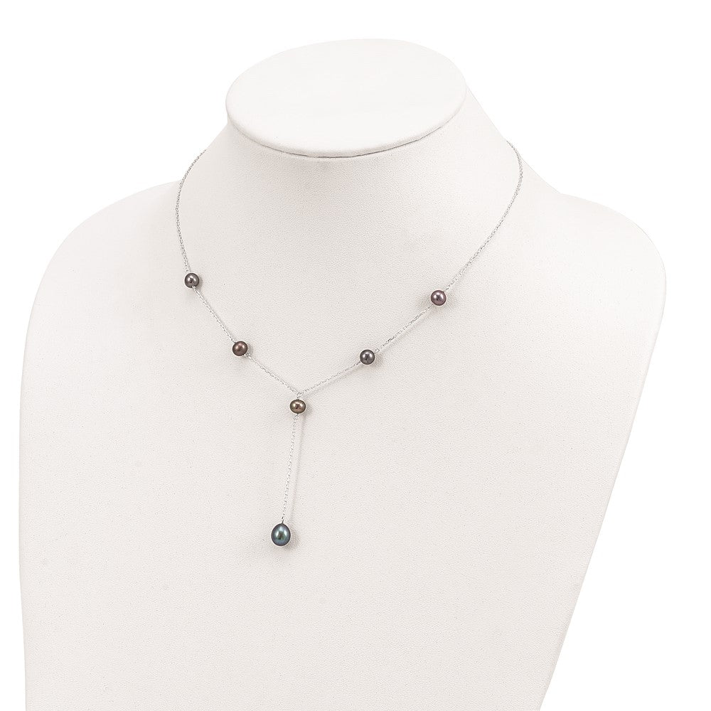 Sterling Silver Rhodium-plated 6-8mm Black Teardrop and Semi-Round Freshwater Cultured Pearl 6-Station Y-Drop 16 inch Necklace