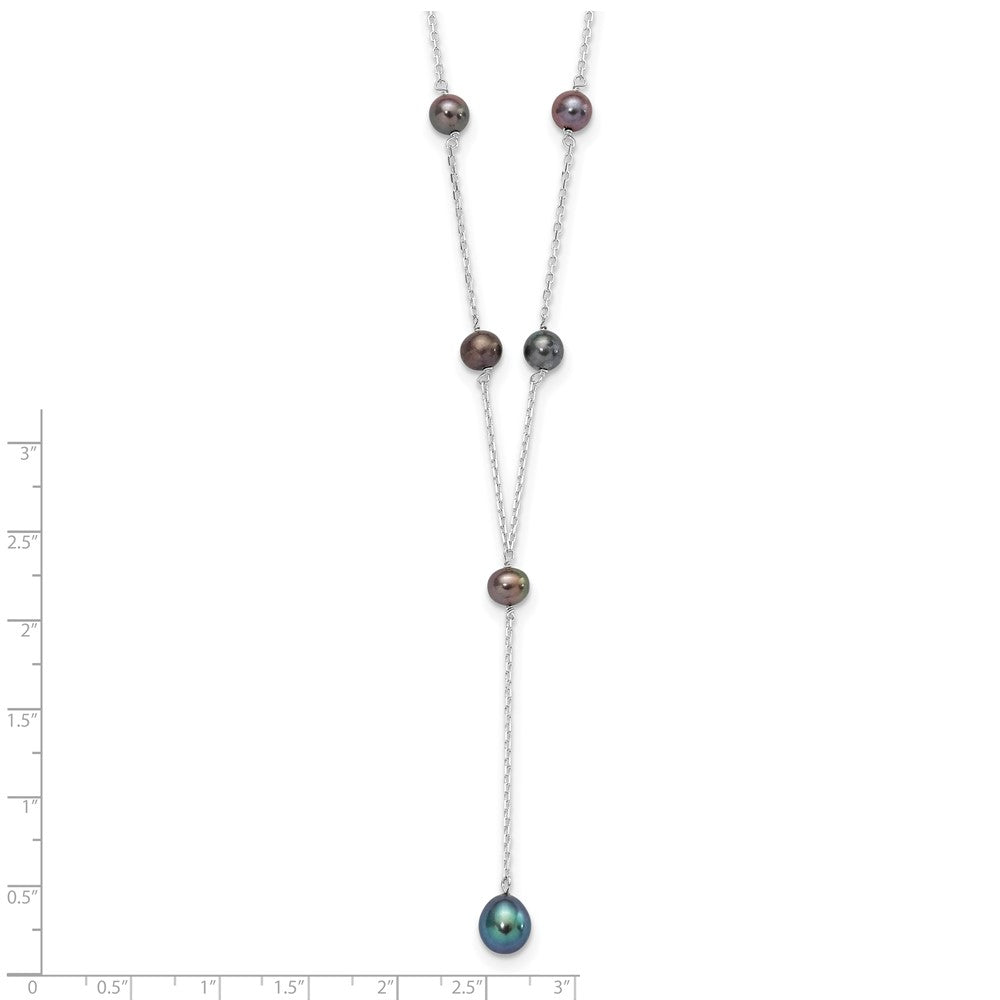 Sterling Silver Rhodium-plated 6-8mm Black Teardrop and Semi-Round Freshwater Cultured Pearl 6-Station Y-Drop 16 inch Necklace