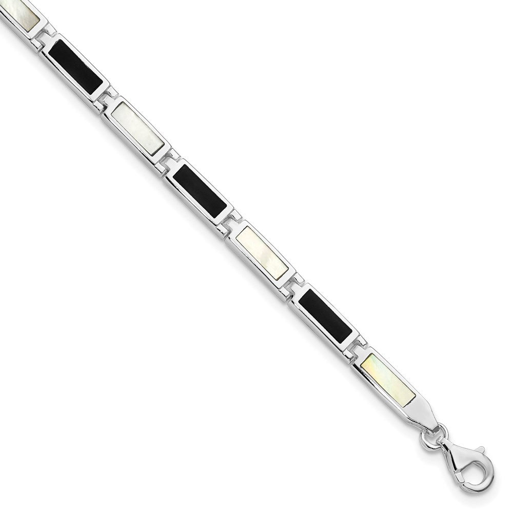 Polished;Open back;Sterling silver;Onyx;Fancy lobster;Mother of pearl;Rhodium-plated