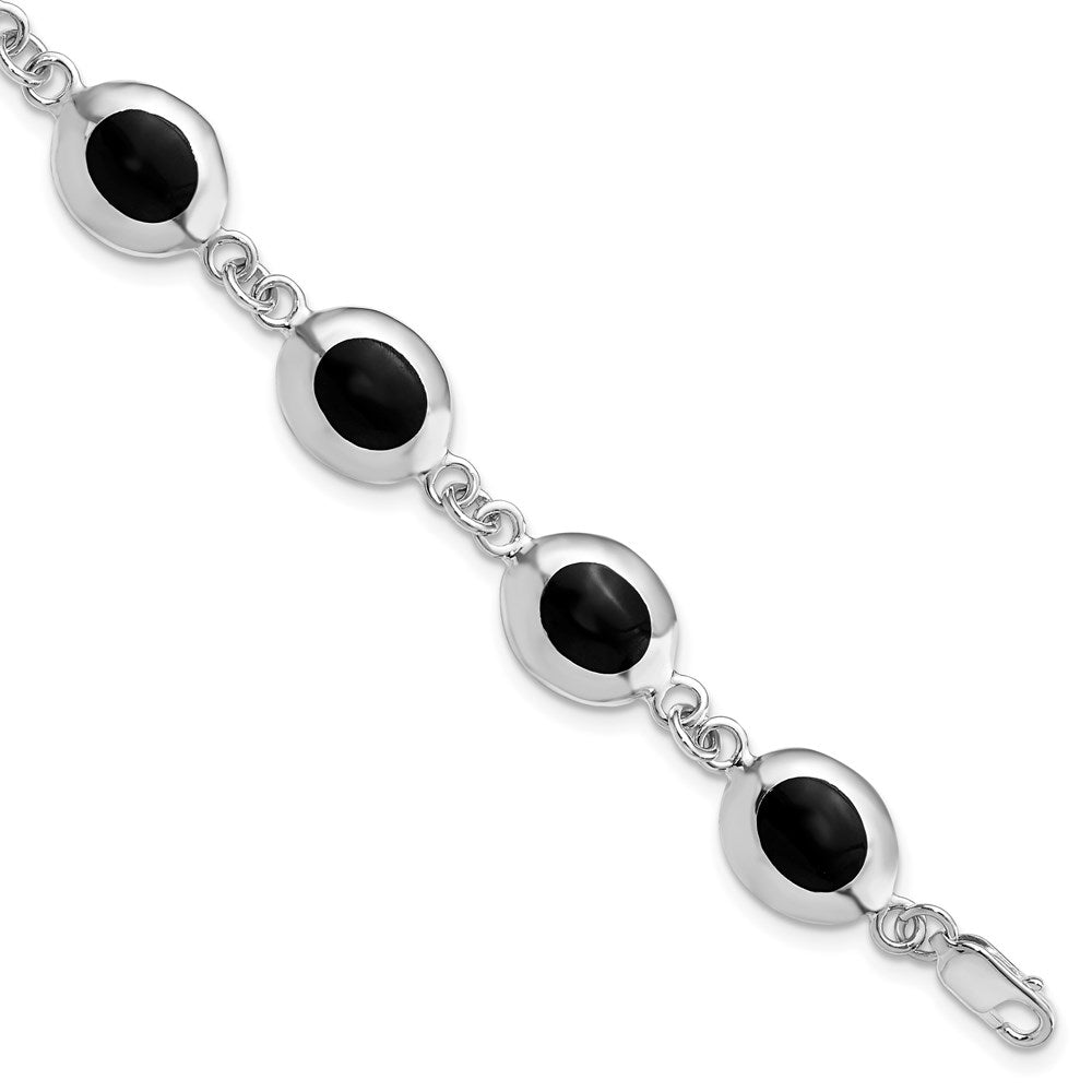 Polished;Flat back;Closed back;Lobster;Sterling silver;Onyx;Rhodium-plated