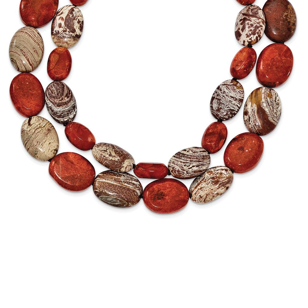 Genuine;Carnelian;Fancy lobster;Coral;Fabric cord;Reconstituted Stone;Hand knotted;Sterling silver clasp;Zebra jasper