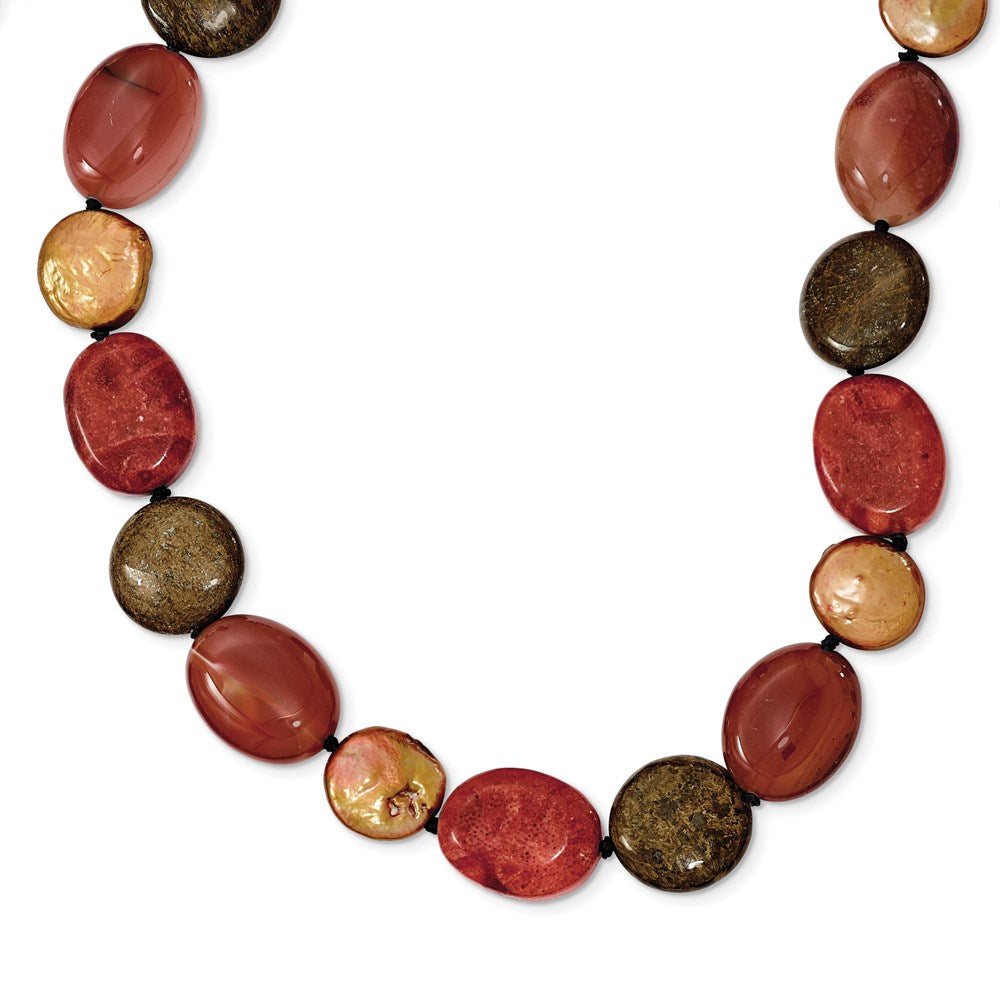 Genuine;Sterling silver;Dyed;Carnelian;Freshwater cultured pearl;Tigers eye;Fancy lobster;Coral;2in extension;Hand knotted;Red