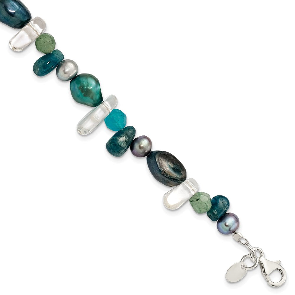 Genuine;Sterling silver;Dyed;Aventurine;Freshwater cultured pearl;Quartz;Fancy lobster;1in extender;Blue