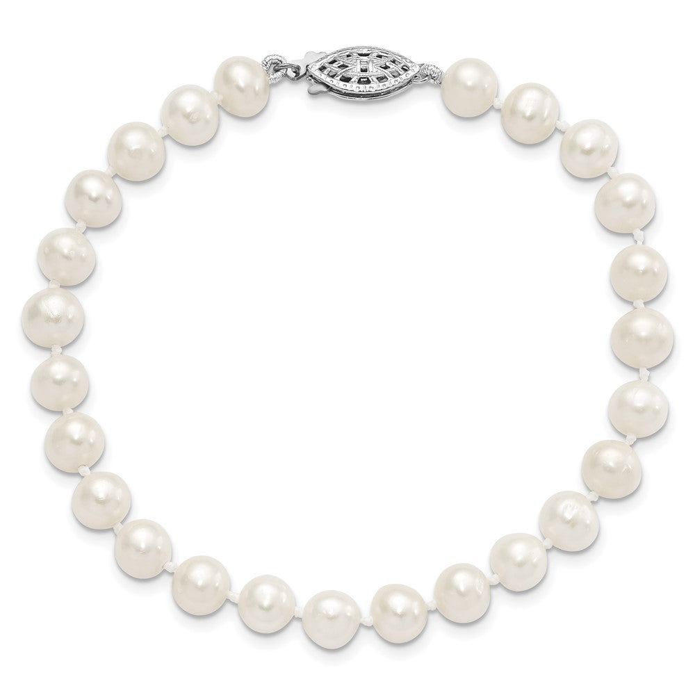 Sterling Silver Rhodium-plated 6-7mm White Near-Round Freshwater Cultured Pearl 7.25 inch Bracelet
