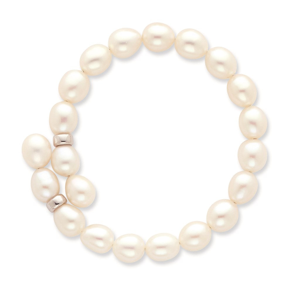 Sterling Silver Rhodium-plated 7-8mm White Rice Freshwater Cultured Pearl Flexible 7.5 inch Bracelet