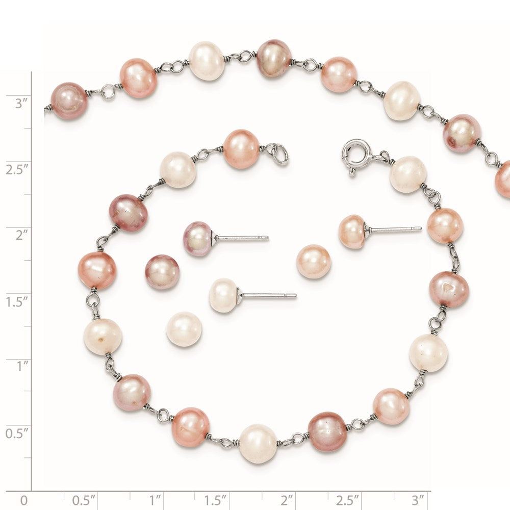 Sterling Silver Rhodium-plated 6-7mm White, Pink and Purple Semi-Round Freshwater Cultured Pearl 18 inch Necklace, 7.25 inch Bracelet and 3-piece Button Post Earrings Set