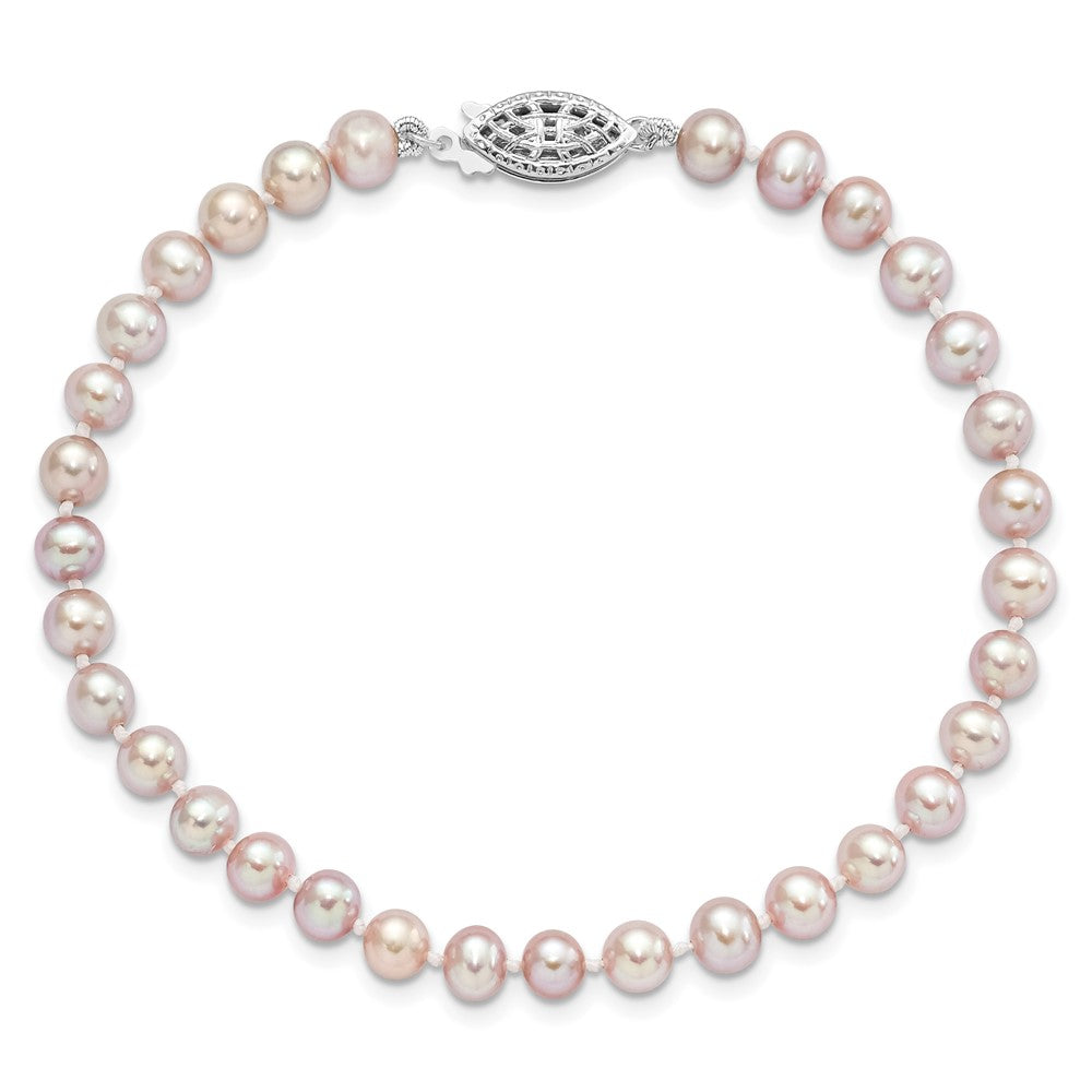 Sterling Silver Rhodium-plated 5-6mm Purple Near-Round Freshwater Cultured Pearl 7.25 inch Bracelet