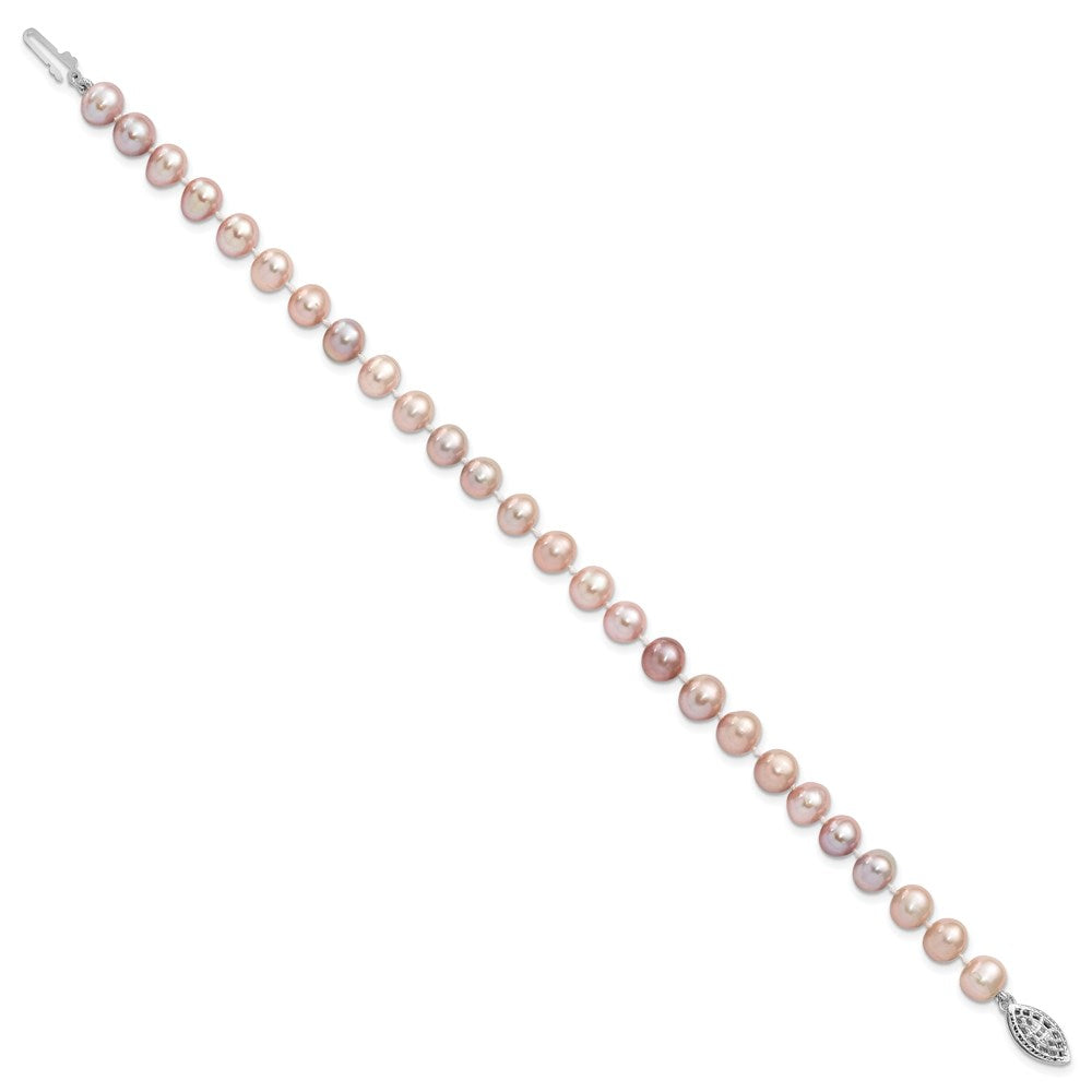 Sterling Silver Rhodium-plated 6-7mm Purple Near-Round Freshwater Cultured Pearl 7.25 inch Bracelet