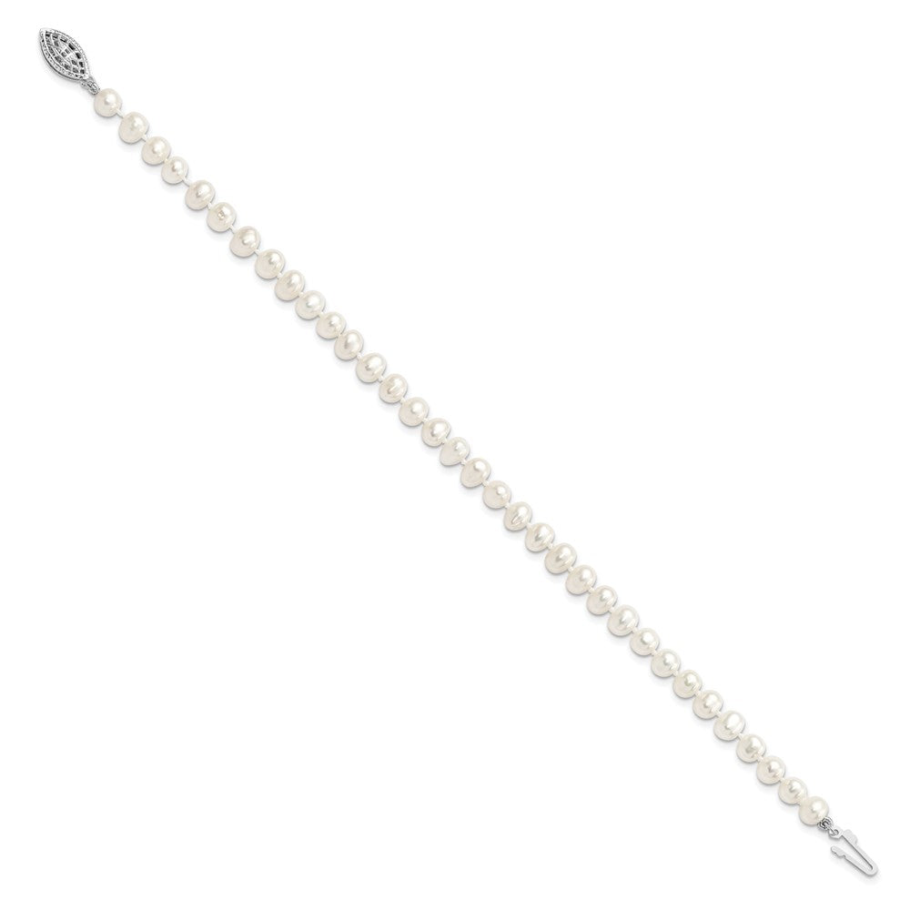 Sterling Silver Rhodium-plated 5-6mm White Near Round Freshwater Cultured Pearl 8.25 inch Bracelet