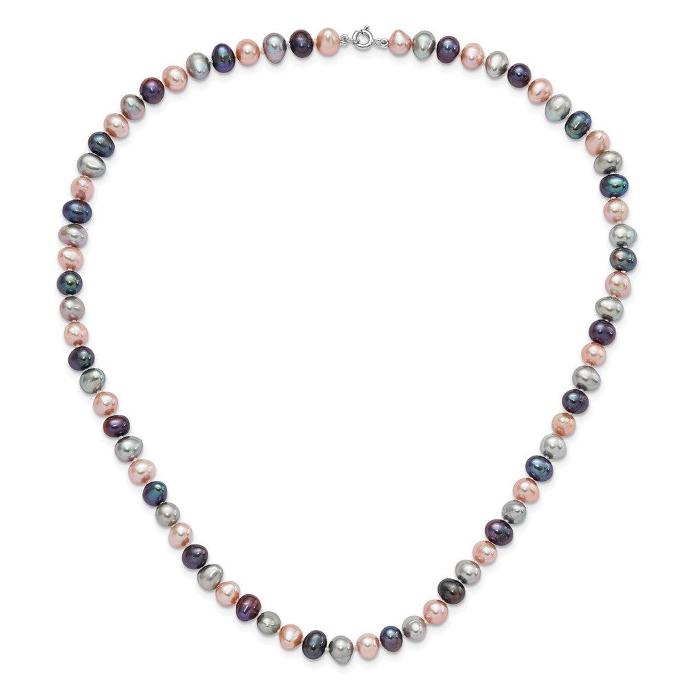 Sterling Silver Rhodium-plated 6-7mm Black, Pink and Gray Semi-Round Freshwater Cultured Pearl 18 inch Necklace, 7.25 inch Bracelet and 3-piece Button Post Earrings Set