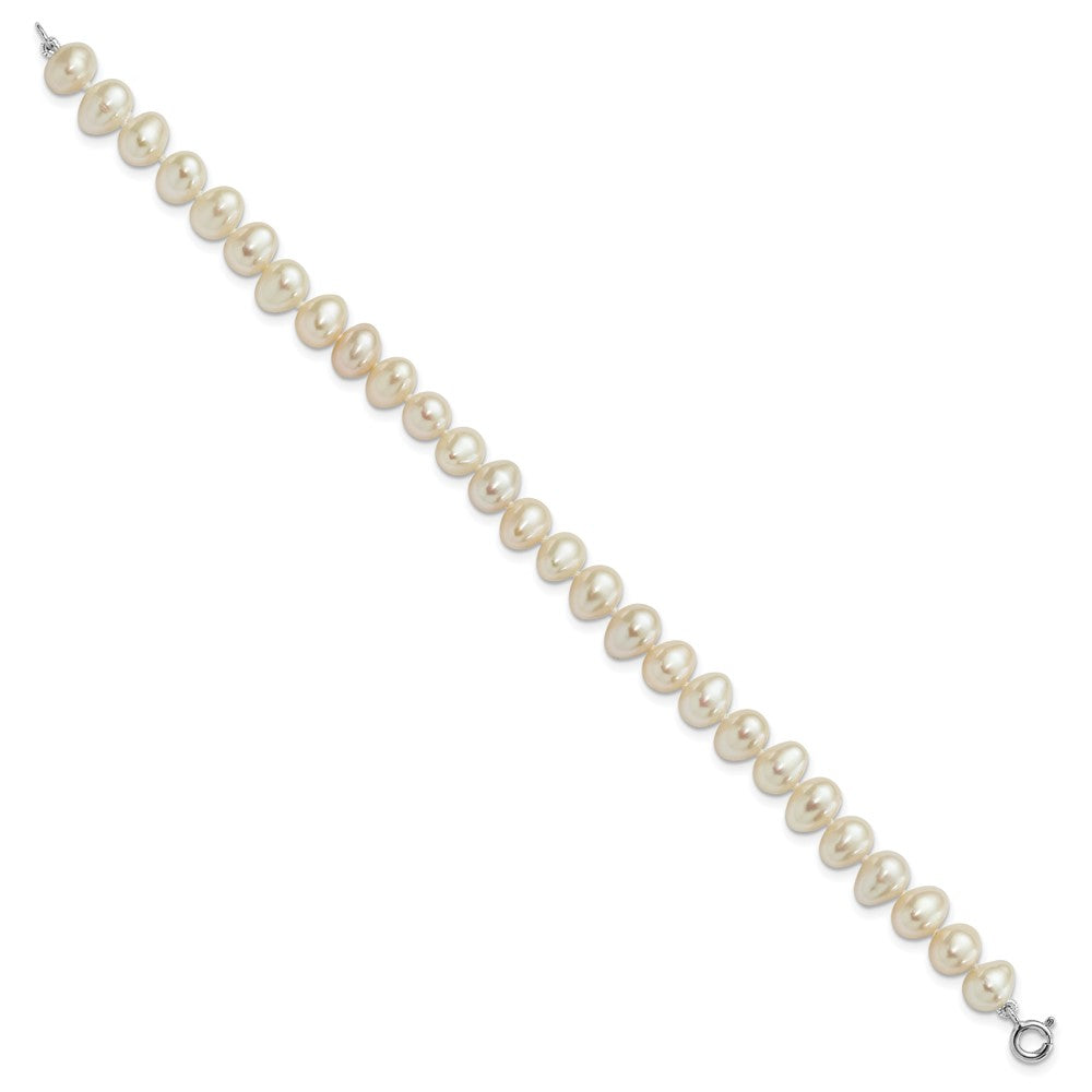 Sterling Silver Rhodium-plated 6-7mm White Semi-Round Freshwater Cultured Pearl 18 inch Necklace, 7.25 in Bracelet and Button Post Earrings Set