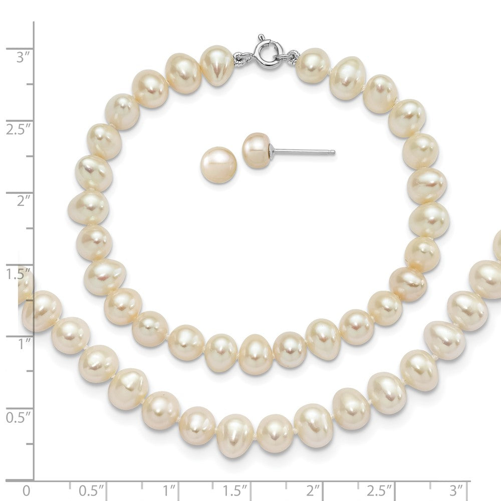 Sterling Silver Rhodium-plated 6-7mm White Semi-Round Freshwater Cultured Pearl 18 inch Necklace, 7.25 in Bracelet and Button Post Earrings Set