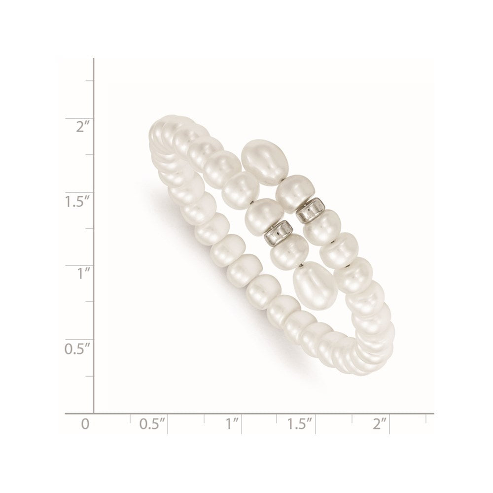 Sterling Silver Rhodium-plated 6-8mm White Button and Rice Freshwater Cultured Pearl Flexible 7.5 inch Bracelet