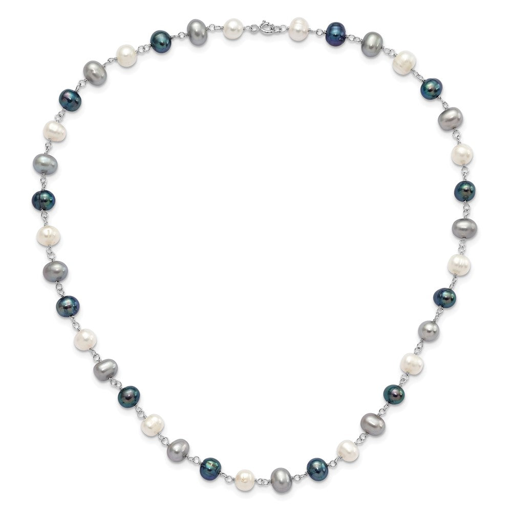 Sterling Silver Rhodium-plated 6-8mm White, Grey and Black Semi-Round Freshwater Cultured Pearl 18 inch Necklace and 7.25 inch Bracelet and 3-piece Button Post Earrings Set