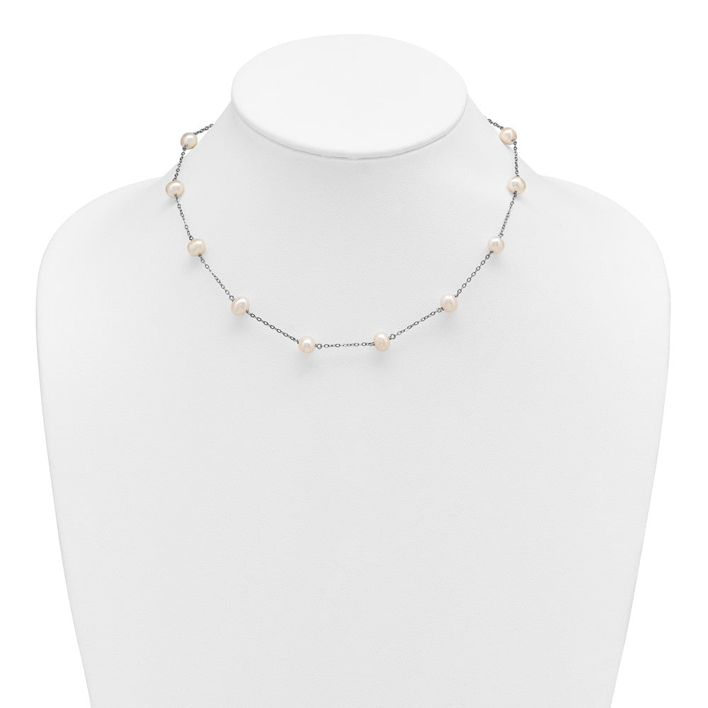 Sterling Silver Rhodium-plated 6-7mm White Near-Round Freshwater Cultured Pearl 12-Station 16 inch Necklace