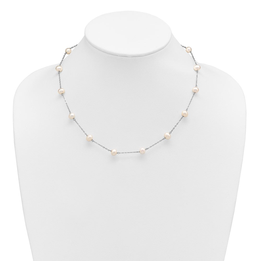 Sterling Silver Rhodium-plated 6-7mm White Near-Round Freshwater Cultured Pearl 14-Station 18 inch Necklace