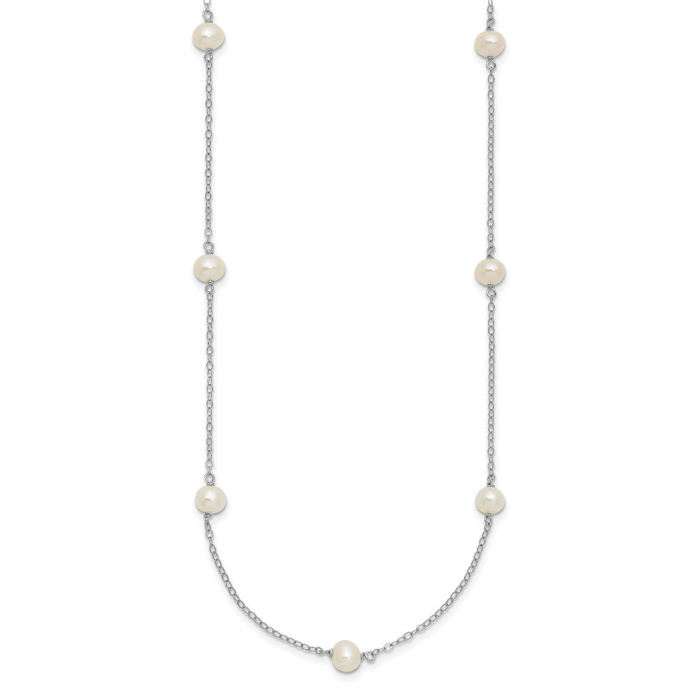 Sterling Silver Rhodium-plated 5-6mm White Near-Round Freshwater Cultured Pearl 9-Station 18 inch Necklace