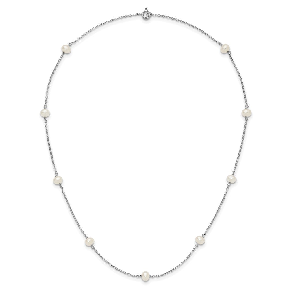 Sterling Silver Rhodium-plated 4-5mm White Near-Round Freshwater Cultured Pearl 9-Station 18 inch Necklace