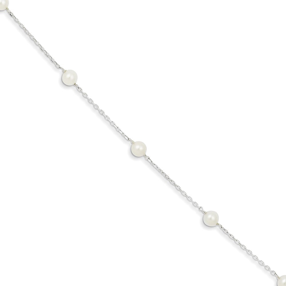Sterling Silver Rhodium-plated 5-6mm White Freshwater Cultured Pearl 3-Stations 7.5 inch Bracelet