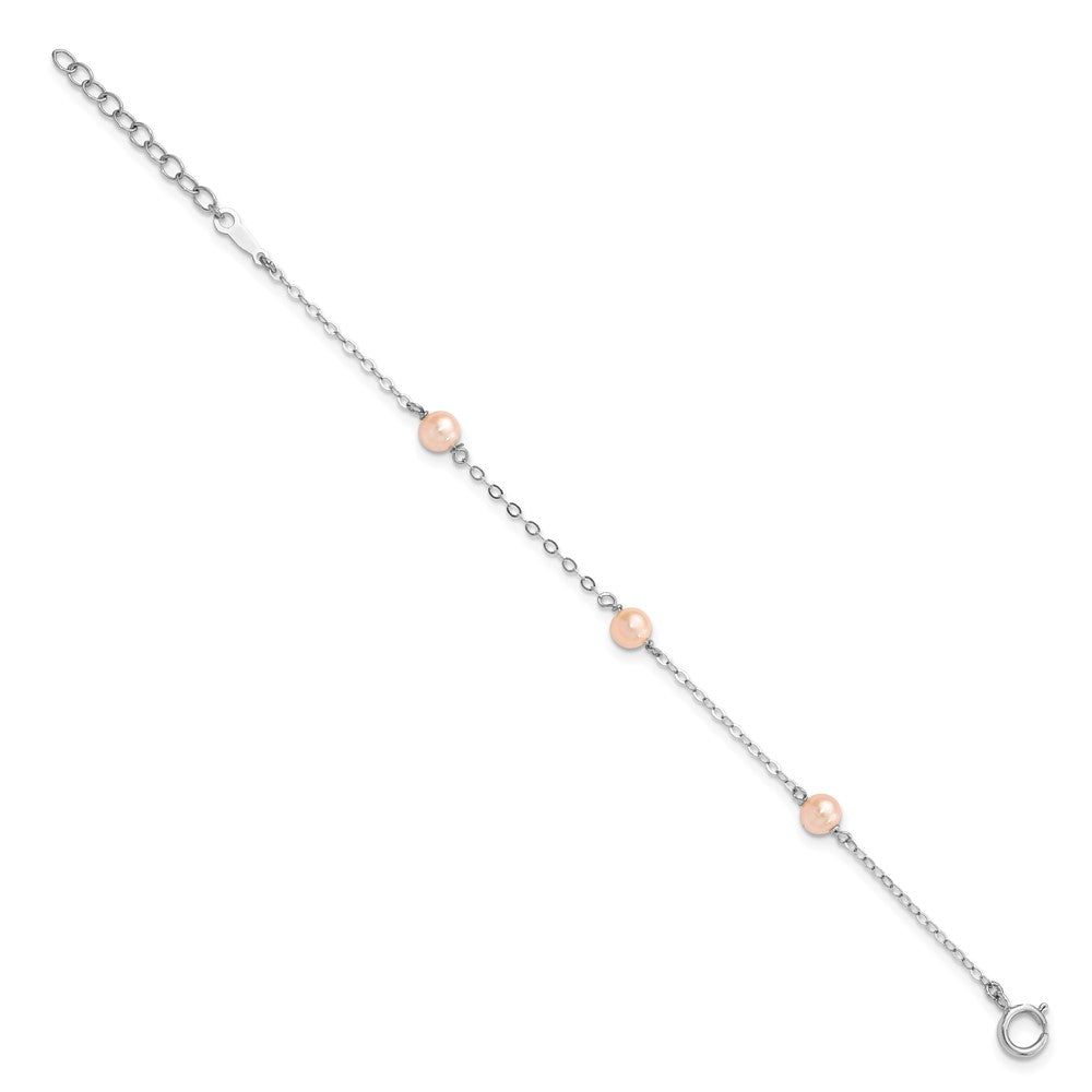 Sterling Silver Rhodium-plated 4-5mm Pink Semi-Round Freshwater Cultured Pearl 3-Station 5 inch with 1 inch Extension Children's Bracelet