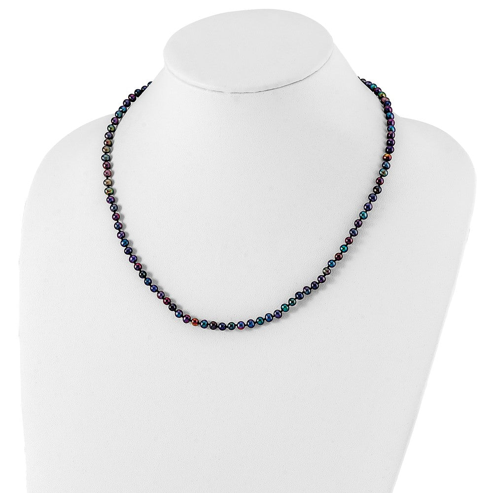 Sterling Silver Rhodium-plated 4-5mm Black Near-Round Freshwater Cultured Pearl 24 inch Necklace
