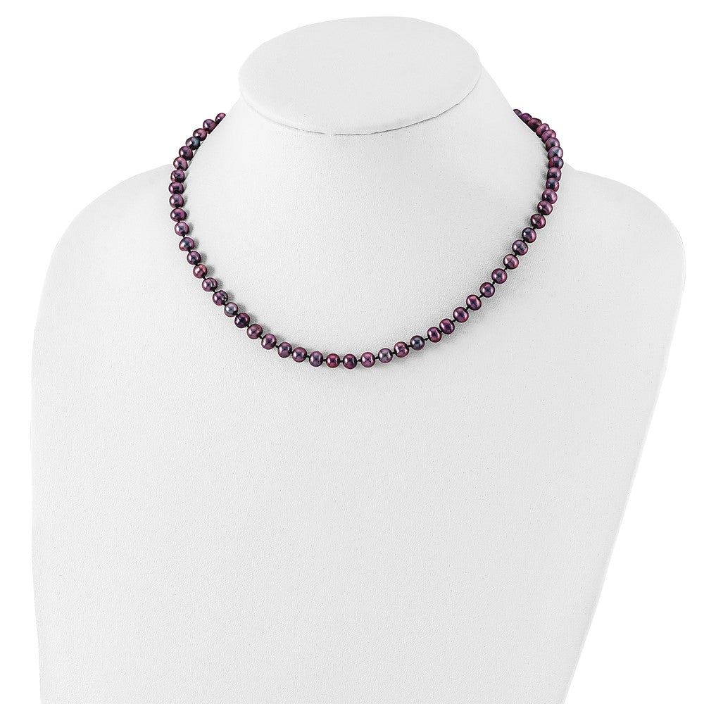 Sterling Silver Rhodium-plated 5-6mm Black Near-Round Freshwater Cultured Pearl 16 inch Necklace