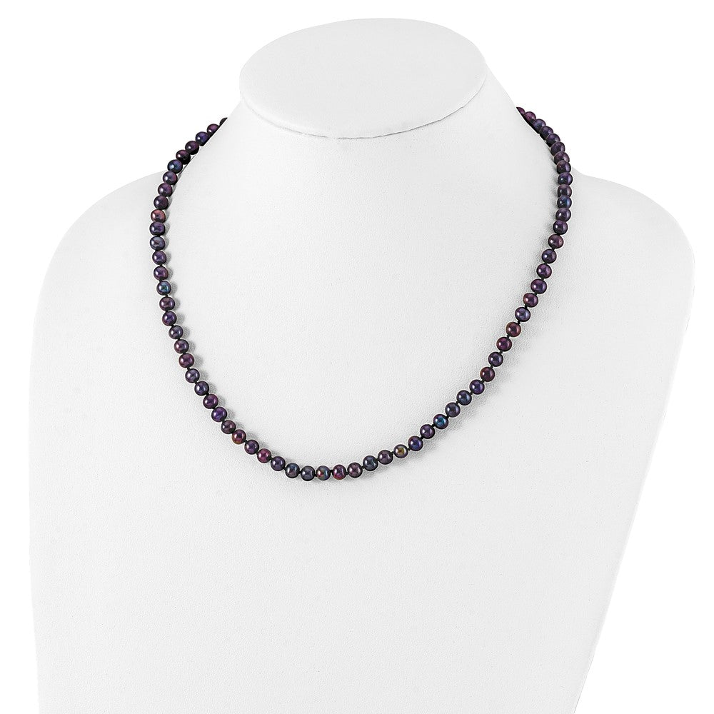 Sterling Silver Rhodium-plated 5-6mm Black Near-Round Freshwater Cultured Pearl 20 inch Necklace