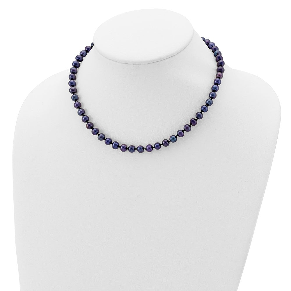 Sterling Silver Rhodium-plated 6-7mm Black Near-Round Freshwater Cultured Pearl 18 inch Necklace