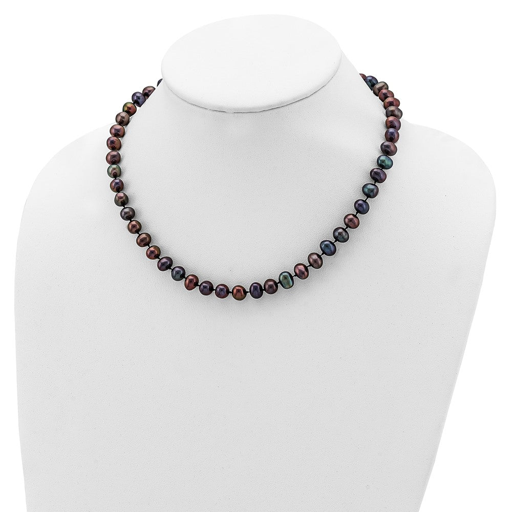 Sterling Silver Rhodium-plated 7-8mm Black Near-Round Freshwater Cultured Pearl 20 inch Necklace
