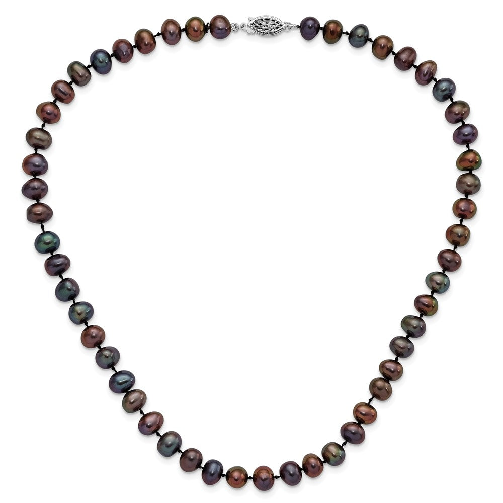 Sterling Silver Rhodium-plated 7-8mm Black Near-Round Freshwater Cultured Pearl 20 inch Necklace