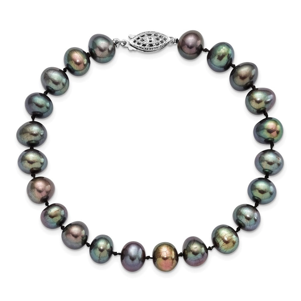 Sterling Silver Rhodium-plated 7-8mm Black Near-Round Freshwater Cultured Pearl 7.25 inch Bracelet