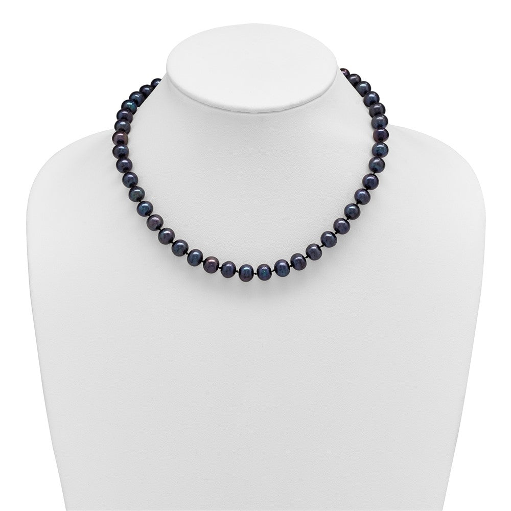 Sterling Silver Rhodium-plated 8-9mm Black Near-Round Freshwater Cultured Pearl 16 inch Necklace