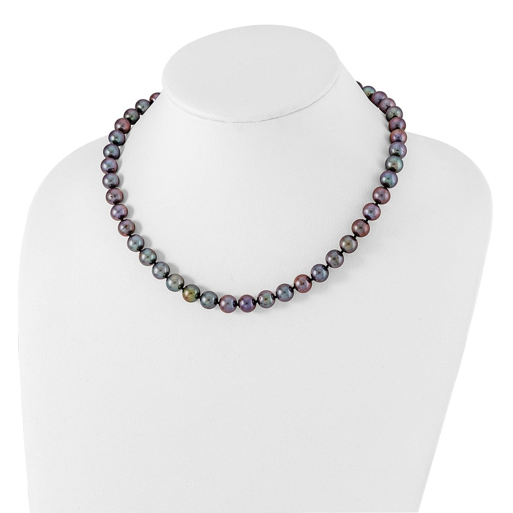 Sterling Silver Rhodium-plated 9-10mm Black Near-Round Freshwater Cultured Pearl 16 inch Necklace
