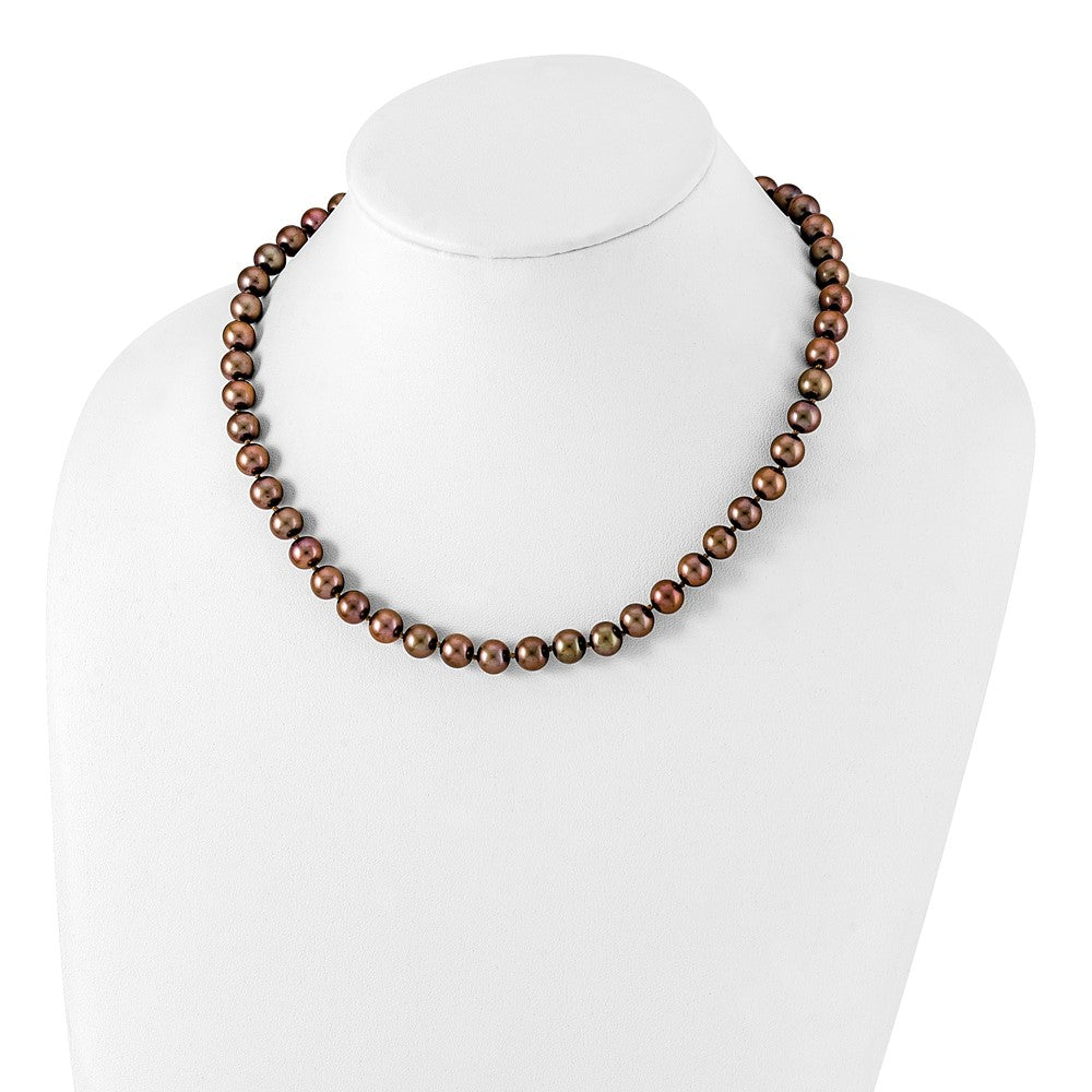 Sterling Silver Rhodium-plated 8-9mm Brown Near-Round Freshwater Cultured Pearl 20 inch Necklace