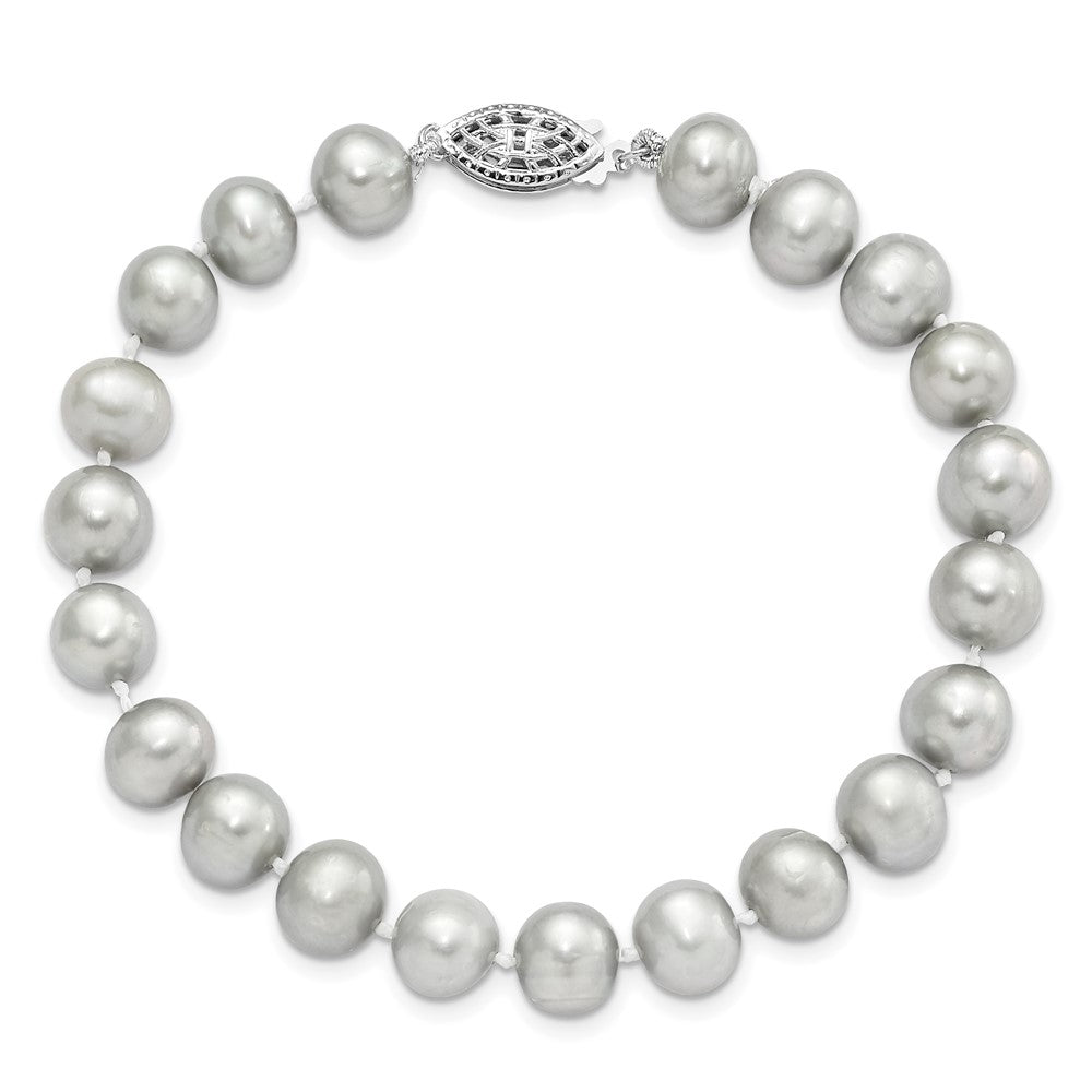 Sterling Silver Rhodium-plated 7-8mm Grey Near-Round Freshwater Cultured Pearl 7.25 inch Bracelet