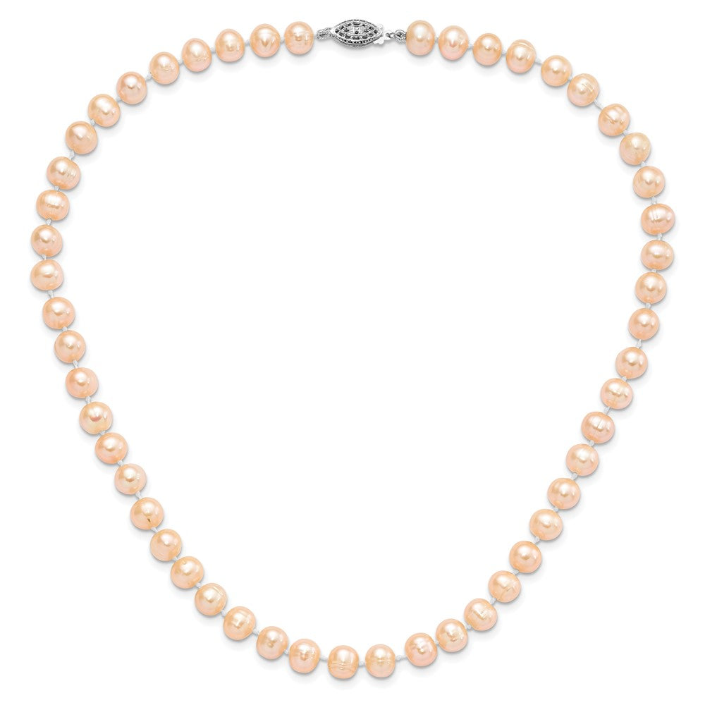 Sterling Silver Rhodium-plated 7-8mm Pink Near-Round Freshwater Cultured Pearl 18 inch Necklace