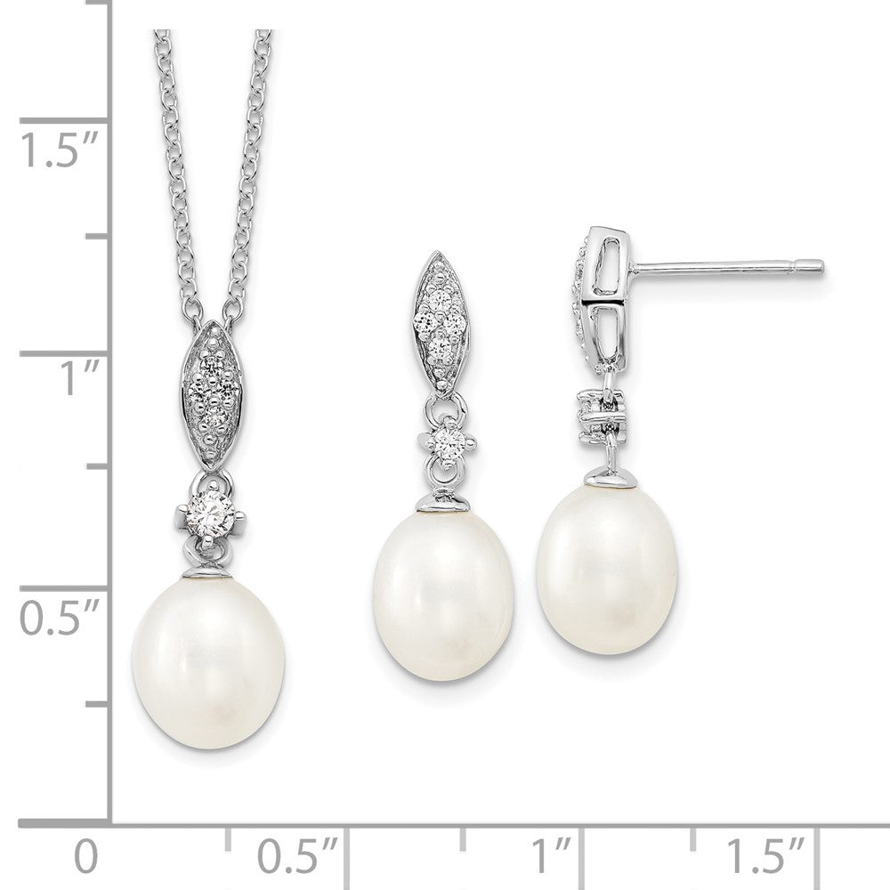 Sterling Silver Rhodium-plated 8-9mm White Teardrop Freshwater Cultured Pearl and CZ 17 inch Necklace and Post Dangle Earrings Set