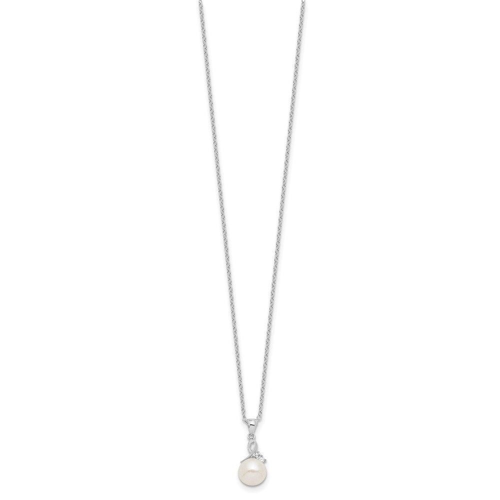 Sterling Silver Rhodium-plated 7-8mm White Semi-Round Freshwater Cultured Pearl and CZ 17 inch Necklace and Dangle Earrings Set