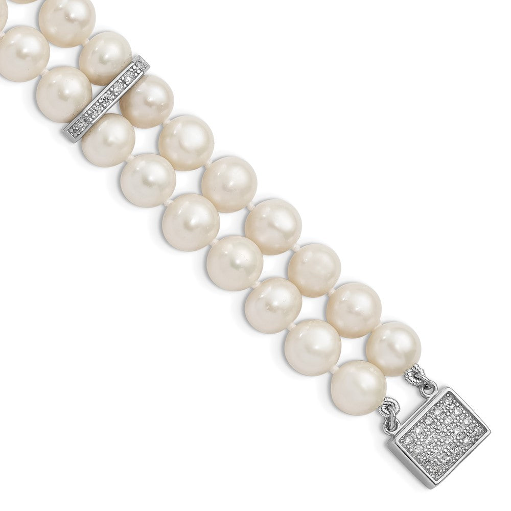 Polished;Box;Sterling silver;Freshwater cultured pearl;CZ;2-strand