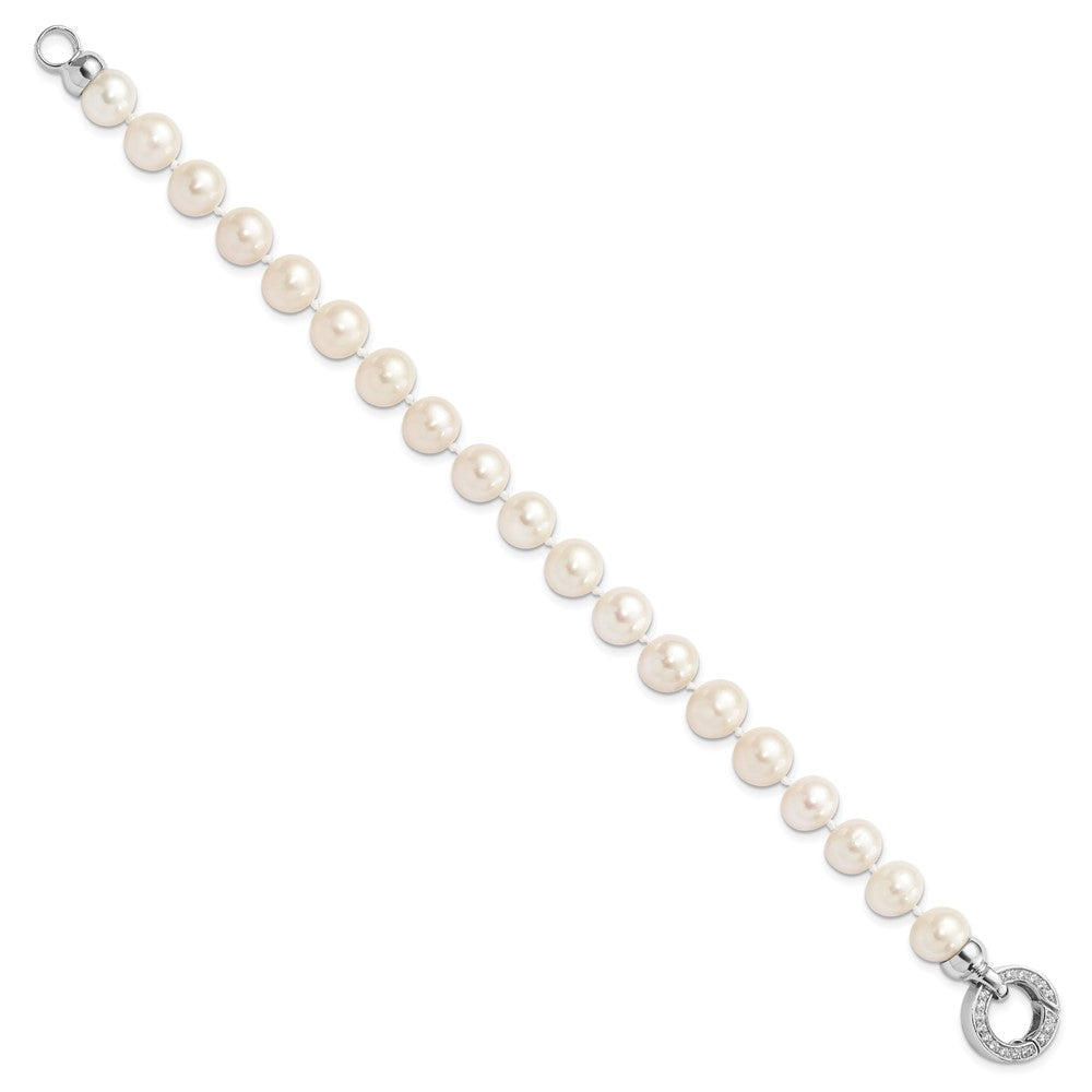 Sterling Silver Rhodium-plated 9-10mm White Near-Round Freshwater Cultured Pearl and CZ Fancy 7.5 inch Bracelet