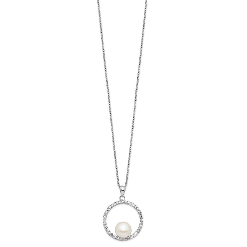 Sterling Silver Rhodium-plated 8-9mm White Button Freshwater Cultured Pearl and CZ 17 inch Necklace